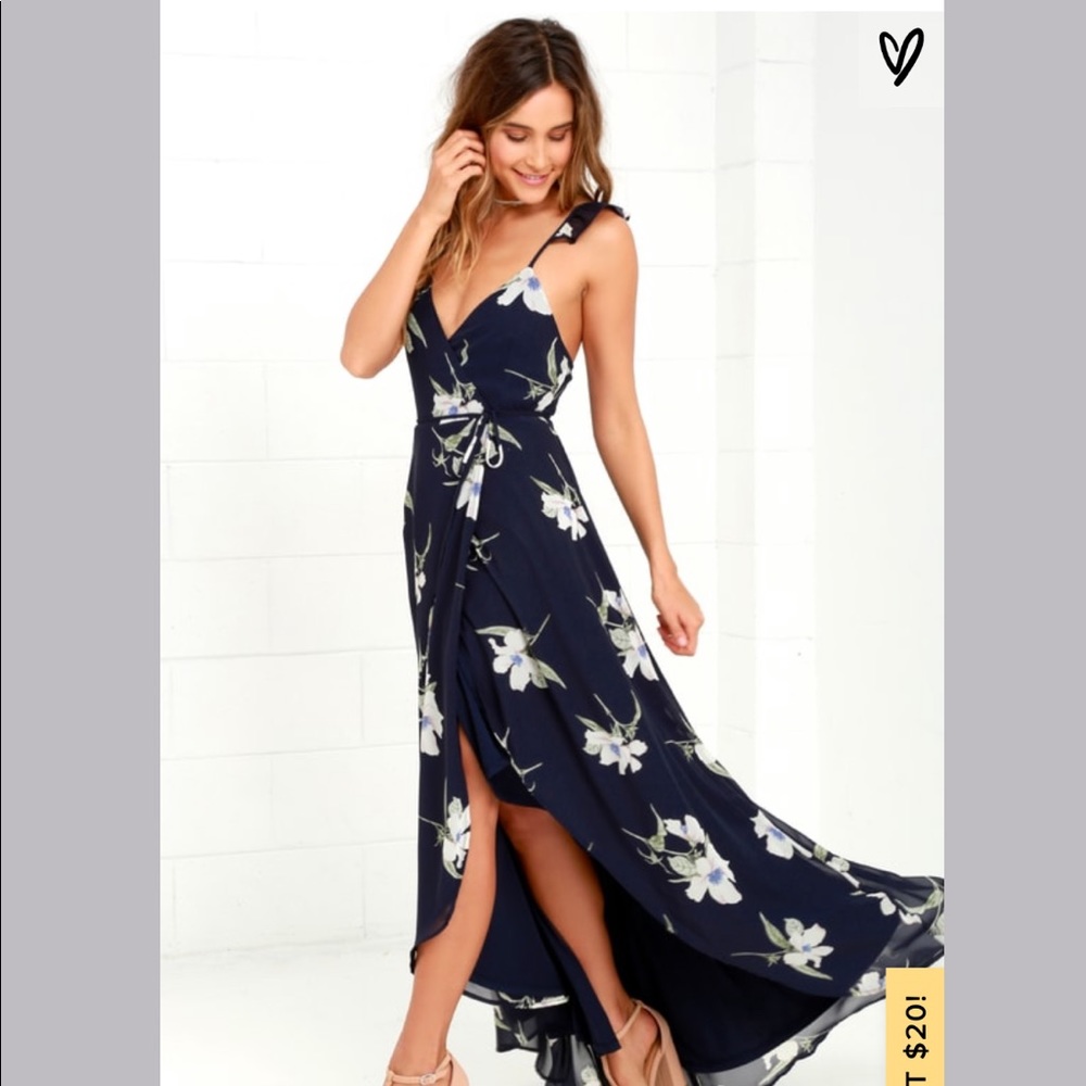 Navy Blue Floral Print High-Low Wrap Dress